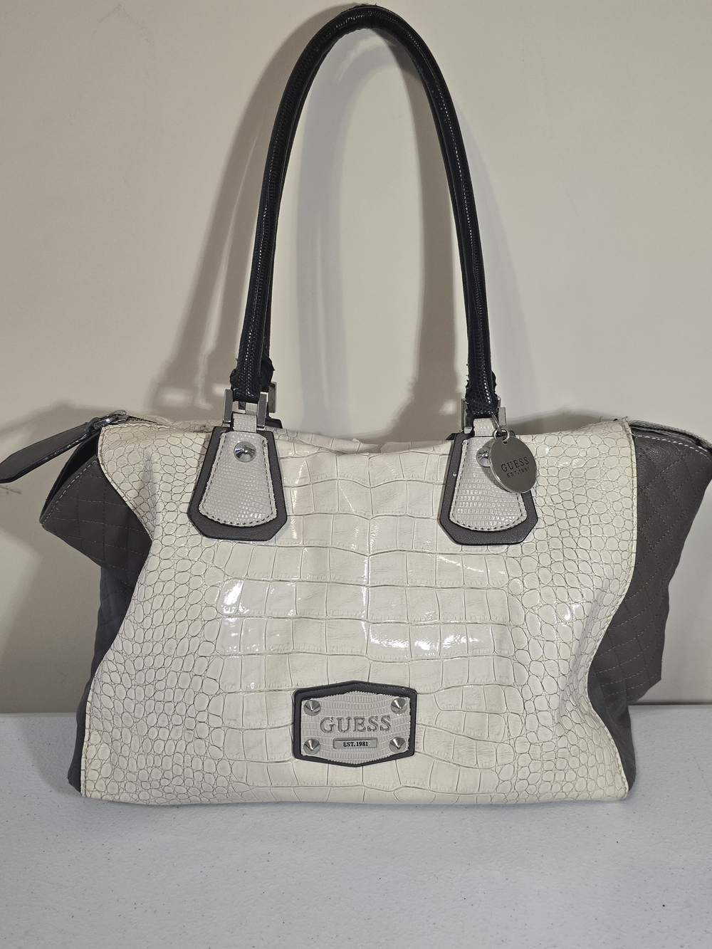 GUESS White Croc-Embossed Satchel with Gray Accents